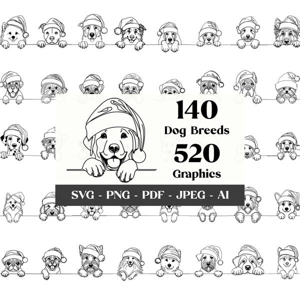 Christmas Dog SVG Clipart Bundle: 140 Breeds, Peeking Line Art (Digital Download)