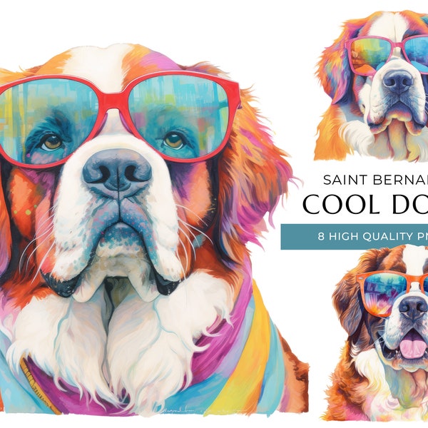 Cool Saint Bernard Dog Clipart, 8 High Quality PNGs, Funny Dogs with sunglasses Watercolor Prints, Digital Crafting, Digital Download