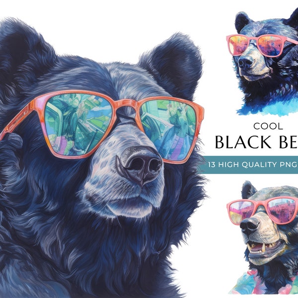 Watercolor Black Bear Clipart with Sunglasses, 13 High-Quality PNG & JPEG, Cool Woodland Animal Print, Digital Crafting, Digital Download