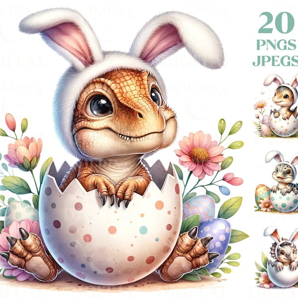 Watercolor Easter Dinosaurs with Bunny ears Clipart Bundle 20 High Quality PNG & JPEG, Watercolor Cute Dinosaurs, T Rex Nursery Clipart