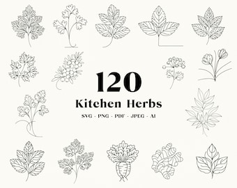 May include: A set of 120 black and white line drawings of kitchen herbs. The drawings are simple and elegant, and they would be perfect for use in a cookbook, on a website, or in a kitchen design.