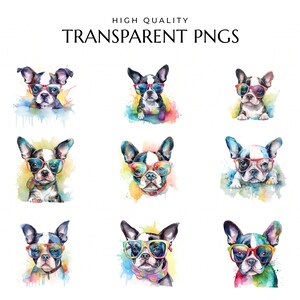 Watercolor Boston Terrier Puppy Clipart, Dog with Sunglasses (Digital Download) image 2