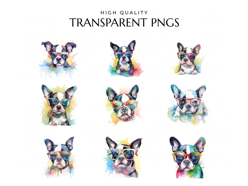 Watercolor Boston Terrier Puppy Clipart, Dog with Sunglasses (Digital Download) image 2