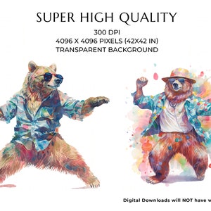 May include: Two watercolour illustrations of bears wearing sunglasses and shirts. The bear on the left is standing with its legs spread apart. The bear on the right is dancing with its arms raised. Both bears are set against a colourful watercolour background.