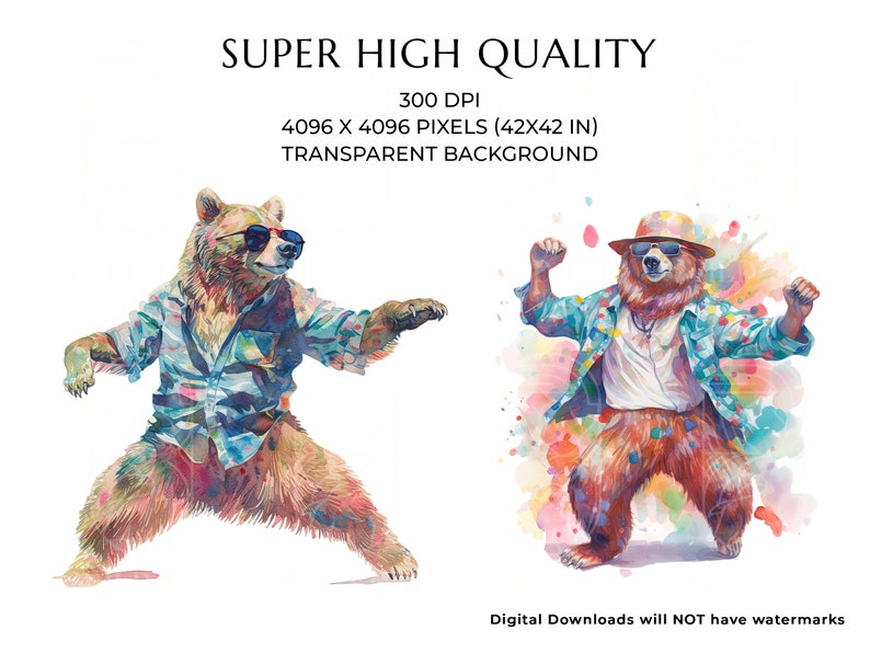 May include: Two watercolour illustrations of bears wearing sunglasses and shirts. The bear on the left is standing with its legs spread apart. The bear on the right is dancing with its arms raised. Both bears are set against a colourful watercolour background.