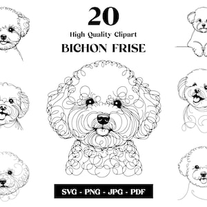 Pacchetto Bichon Frise SVG e PNG Clipart: Digital Line Art, disegno vettoriale minimalista per sublimazione, amante dei cani, download digitale del cucciolo