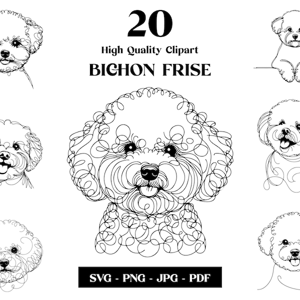 Bichon Frise SVG & PNG Clipart Bundle: Digital Line Art, Minimalist Vector Dog Drawing for Sublimation, Dog Lover, Puppy Digital Download