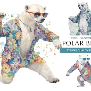 Dancing Polar Bear Clipart: Funny Watercolor PNGs (Digital Download)