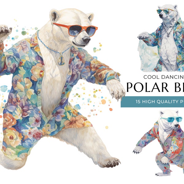 Cool Dancing Polar Bear Clipart, 15 High Quality PNGs, Funny Watercolor Animals, Digital Prints and Creative Projects, Digital Download