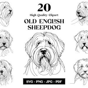Alter englischer Schäferhund SVG & PNG Clipart Bundle: Digitale Linie Kunst, minimalistische Vektor Hund Zeichnung für Sublimation, Hundeliebhaber, digitaler Download