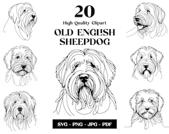 May include: A set of 20 black and white line drawings of Old English Sheepdogs in various poses. The text "20 High Quality Clipart OLD ENGLISH SHEEPDOG SVG - PNG - JPG - PDF" is at the bottom of the image.