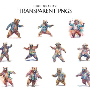 May include: A digital illustration of ten dancing bears wearing colourful patterned shirts and sunglasses. The bears are in various poses, with some holding their hands up in the air and others swaying their hips. The background is a white canvas.