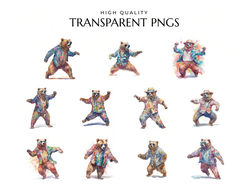 May include: A digital illustration of ten dancing bears wearing colourful patterned shirts and sunglasses. The bears are in various poses, with some holding their hands up in the air and others swaying their hips. The background is a white canvas.