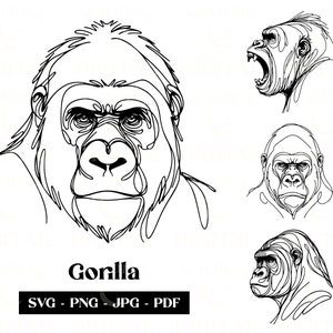 Gorilla SVG Clipart, Minimalistyczna grafika liniowa, Logo Animal Vector, Sztuka nowoczesna, Afrykańska dzika przyroda, Tatuaż i projekt sublimacji, Pobieranie cyfrowe