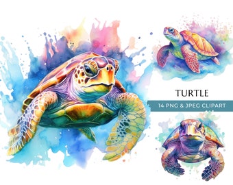 Watercolor Sea Turtle Clipart: 14 PNG & JPEG Graphics (Digital Download)