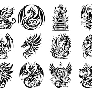 Puede incluir: Una colecci&oacute;n de doce ilustraciones de dragones negros en varias poses. Algunos dragones tienen alas, otros est&aacute;n enrollados y algunos est&aacute;n emparejados con cristales o libros. Los dise&ntilde;os son detallados y estilizados, adecuados para productos de tem&aacute;tica fant&aacute;stica.
