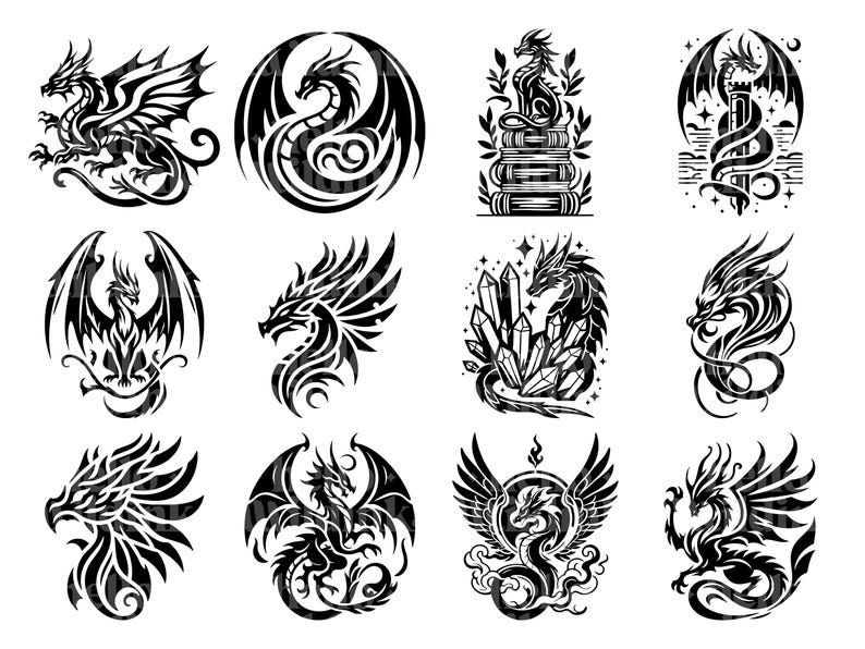 Puede incluir: Una colecci&oacute;n de doce ilustraciones de dragones negros en varias poses. Algunos dragones tienen alas, otros est&aacute;n enrollados y algunos est&aacute;n emparejados con cristales o libros. Los dise&ntilde;os son detallados y estilizados, adecuados para productos de tem&aacute;tica fant&aacute;stica.