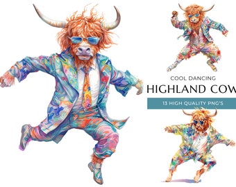 Dancing Highland Cow Clipart: Funny Watercolor Animal PNGs (Digital Download)