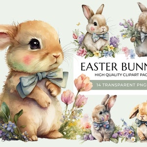 Easter Bunny with a Bow Tie and Flowers Clipart Bundle, Spring Watercolor Nursery Digital Downloads, Commercial Use, Sublimation