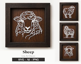 May include: Four framed illustrations of sheep, each with a different pose, created with a line art style. The sheep are white against a brown background. The frames are black with a brown mat. The text "Sheep Line Art Decor SVG - AI - PNG" is below the frames.