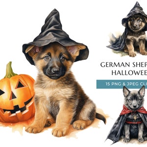 Pastor Alemán Halloween Perro Acuarela Clipart - 15 PNG & JPEG de alta calidad, Truco o Trato Lindo Cachorro, Descarga Digital