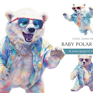 Cool Dancing Baby Polar Bear Clipart, 13 High Quality PNG, Cute Watercolor Animals, Digital Prints and Creative Projects, Digital Download