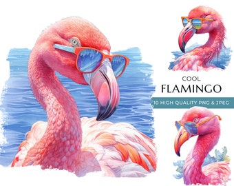 Watercolor Flamingo Clipart with Sunglasses, 10 High-Quality PNG & JPEG, Cool Animal Print, Digital Crafting, Digital Download
