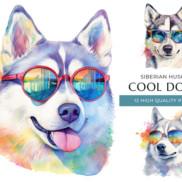 Cool Siberian Husky Dog Clipart, 12 High Quality PNGs, Funny Dogs with sunglasses Watercolor Print, Digital Crafting, Digital Download