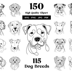 150 honden SVG-clipartbundel: 115 rassen, digitale zeer fijne tekeningen en minimalistische vectorhonden, SVG-bestanden voor de Cricut, sublimatie, digitale download