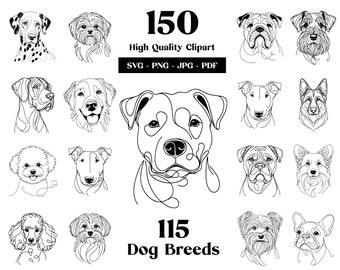 Lot de 150 cliparts SVG chien : 115 races, dessin au trait numérique et chiens vectoriels minimalistes, fichiers SVG pour Cricut, sublimation, téléchargement numérique