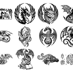Puede incluir: Colecci&oacute;n de ilustraciones de dragones en blanco y negro. Los dise&ntilde;os incluyen dragones con alas, posados en lunas, envueltos alrededor de cristales y sobre libros. Algunos est&aacute;n dentro de marcos circulares.