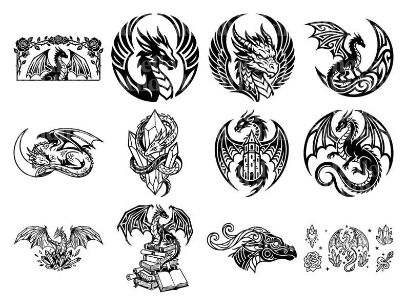 Puede incluir: Colecci&oacute;n de ilustraciones de dragones en blanco y negro. Los dise&ntilde;os incluyen dragones con alas, posados en lunas, envueltos alrededor de cristales y sobre libros. Algunos est&aacute;n dentro de marcos circulares.