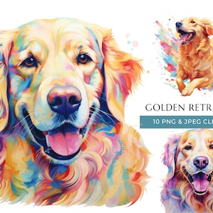 Golden Retriever Hund Clipart - 10 hochwertige PNGs & JPEG - Bunte Aquarell Hund - Digital Crafting - Sofortiger digitaler Download