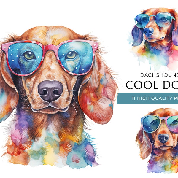 Cool Dachshund Dog Clipart, 11 High Quality PNGs, Funny Dogs with sunglasses Watercolor Print, Digital Crafting, Digital Download