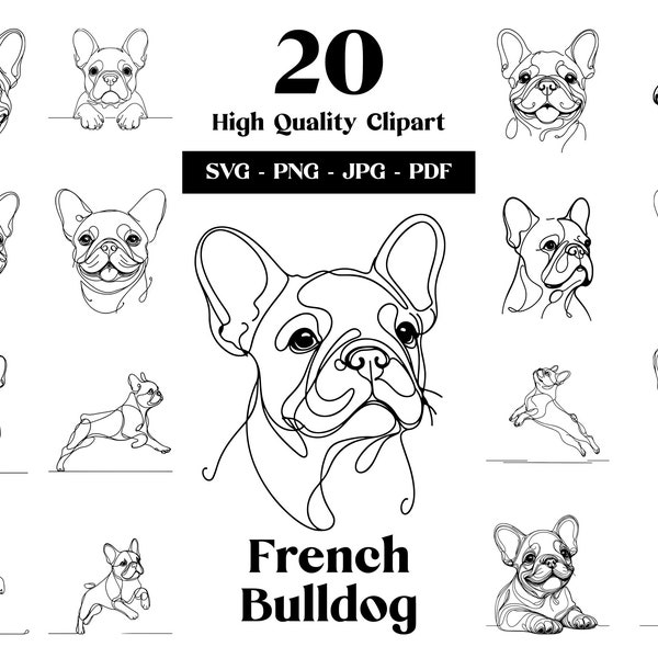 Bundle de clipart bouledogue français SVG & PNG : dessin au trait numérique, dessin de chien vectoriel minimaliste pour sublimation, amoureux des chiens, téléchargement numérique