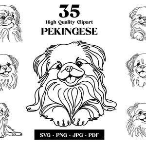 Paquete de imágenes prediseñadas SVG y PNG de pequinés: arte lineal digital, dibujo vectorial minimalista de perro para sublimación, para amantes de los perros, descarga digital