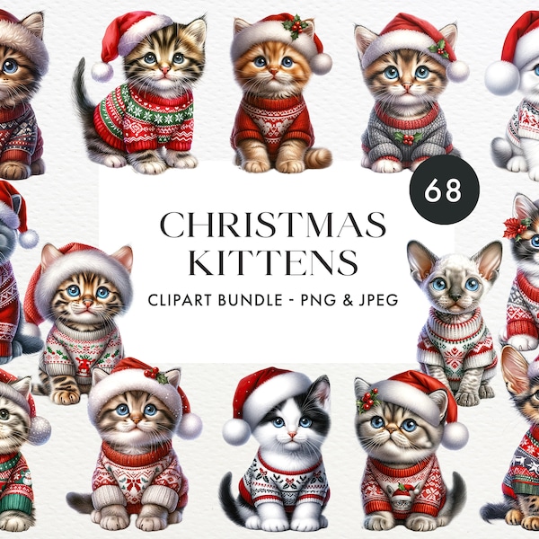 Watercolor Christmas Cats Clipart Bundle, 68 Cute Kittens PNG & JPEG, Holiday Kitten Graphics, Digital Download