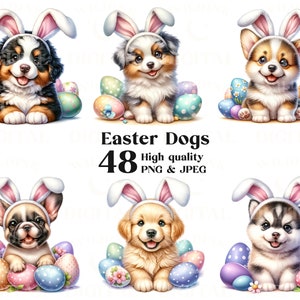 Osterhunde Clipart Bundle 48 hohe Qualität PNG & JPEG, 45 Hunderassen, Aquarell Welpen PNG, Hundebündel, Sublimationshunde, digitaler Download