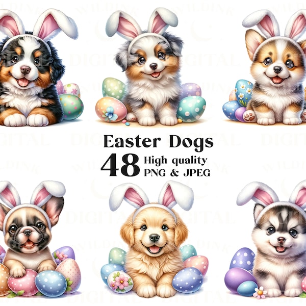 Pacchetto di clipart cani di Pasqua 48 PNG e JPEG di alta qualità, 45 razze di cani, cuccioli di acquerello PNG, pacchetto di cani, cani di sublimazione, download digitale