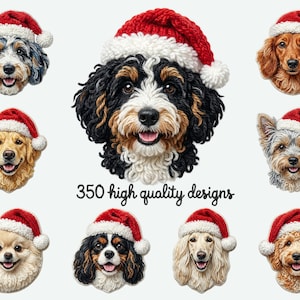 May include: A collection of nine dog portraits, each wearing a red and white Santa hat. The dogs are various breeds, including a Bernedoodle, Golden Retriever, and Dachshund. Text reads "350 high quality designs."