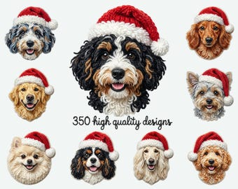 May include: A collection of nine dog portraits, each wearing a red and white Santa hat. The dogs are various breeds, including a Bernedoodle, Golden Retriever, and Dachshund. Text reads "350 high quality designs."