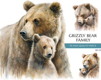 Watercolor Mom and Baby Bear Clipart: Grizzly Family PNGs (Digital Download)