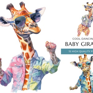 Cool Dancing Baby Giraffe Clipart, 15 High Quality PNGs, Cute Watercolor Animals, Digital Prints and Creative Projects, Digital Download