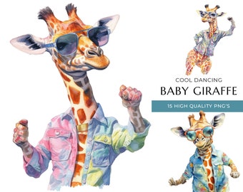 Clipart dansende babygiraf: aquarel-png's (digitale download)