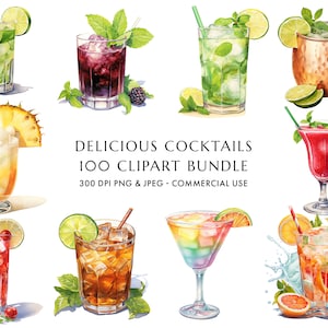 Pacchetto di clipart cocktail acquerello 100 PNG e JPEG di alta qualità, bevande estive, cocktail per feste, diario spazzatura, download digitale