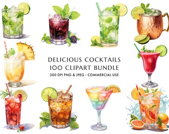 Watercolor Cocktails Clipart: Summer Drinks, Party Designs (Digital Download)