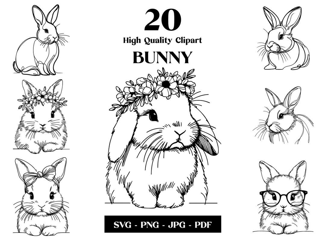 Bunny Line Art SVG Clipart: Rabbit Vector Logo Design (digital Download ...