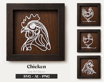 May include: Four framed illustrations of chickens in a line art style. The frames are dark brown wood with a white mat. The illustrations are white on a brown background. The text "Chicken Line Art Decor SVG - AI - PNG" is below the frames.