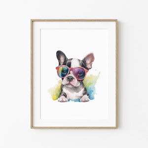 May include: A watercolor painting of a French bulldog wearing colorful sunglasses. The dog is looking directly at the viewer with a playful expression. The background is a soft watercolor wash of yellow, blue, and green.