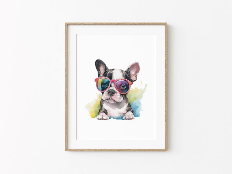 May include: A watercolor painting of a French bulldog wearing colorful sunglasses. The dog is looking directly at the viewer with a playful expression. The background is a soft watercolor wash of yellow, blue, and green.